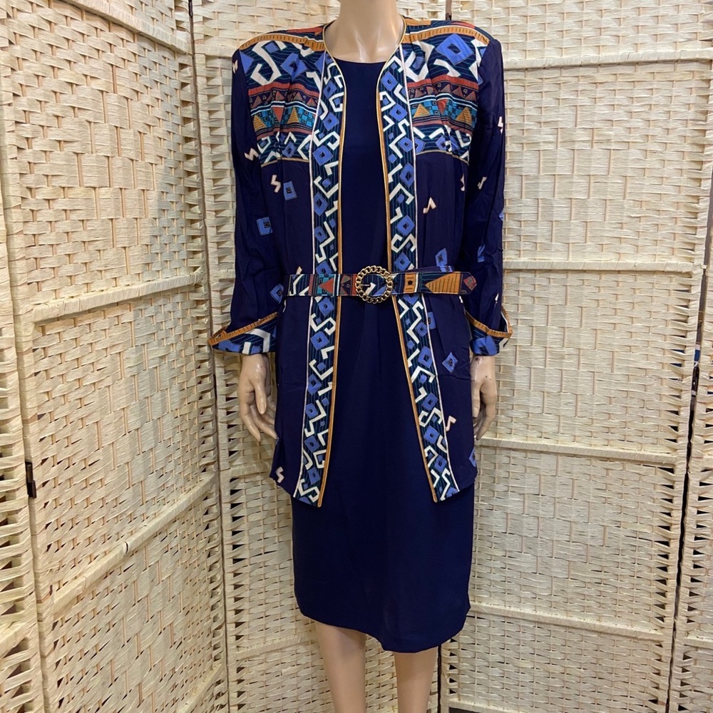 Vintage, Tracy Richards 3pc Blue Printed Cover Dress with Belt Size 14